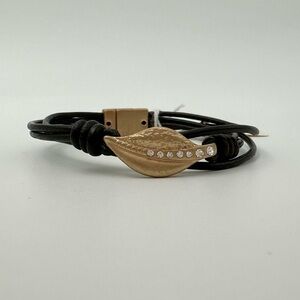 Black Brown Leather Bracelet with Gold Leaf Accent